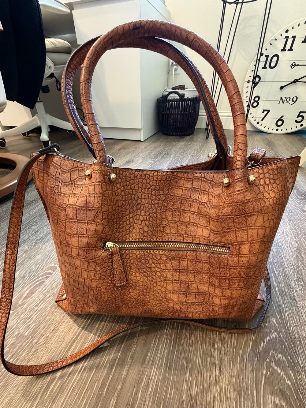 New Neiman Marcus Last Call Brown Croc Embossed Tote Shoulder Handbag Bag